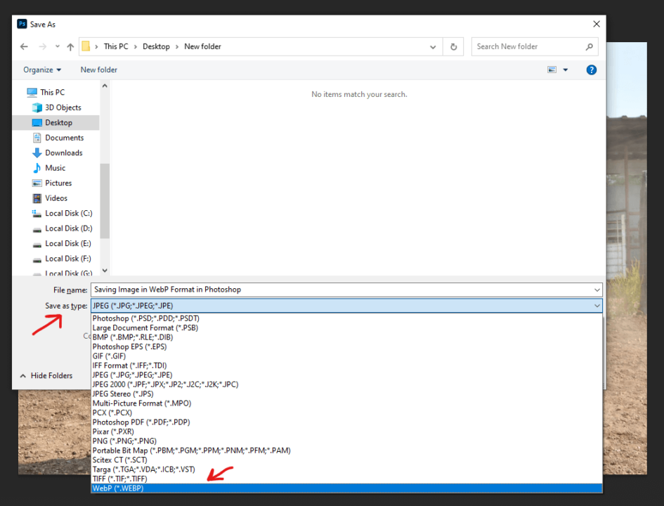 Image 03 - In the save as windows choose WebP format from the list.